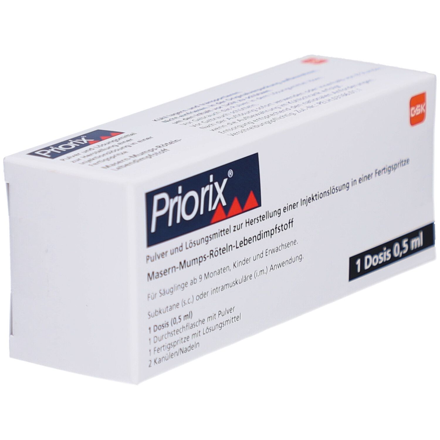 Weiße Faltschachtel mit Priorix-Logo. Enthält Impfstoff gegen Masern, Mumps und Röteln. 1 Dosis 0,5 ml.