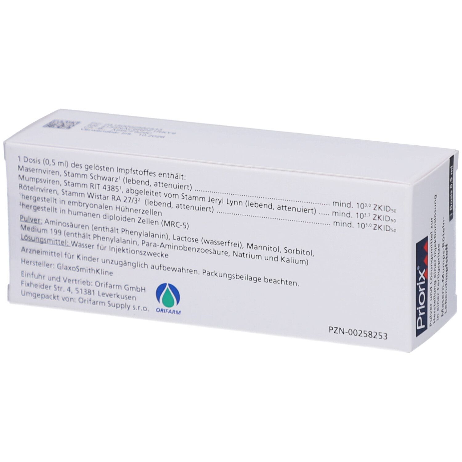 Rückseite der weißen Faltschachtel mit Produktinformationen. Enthält Impfstoff gegen Masern, Mumps und Röteln.