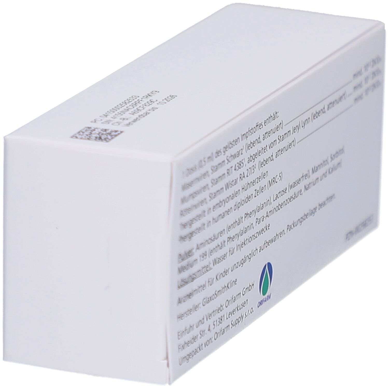 Weiße Faltschachtel mit Produktinformationen. Enthält Impfstoff gegen Masern, Mumps und Röteln. Seitenansicht.