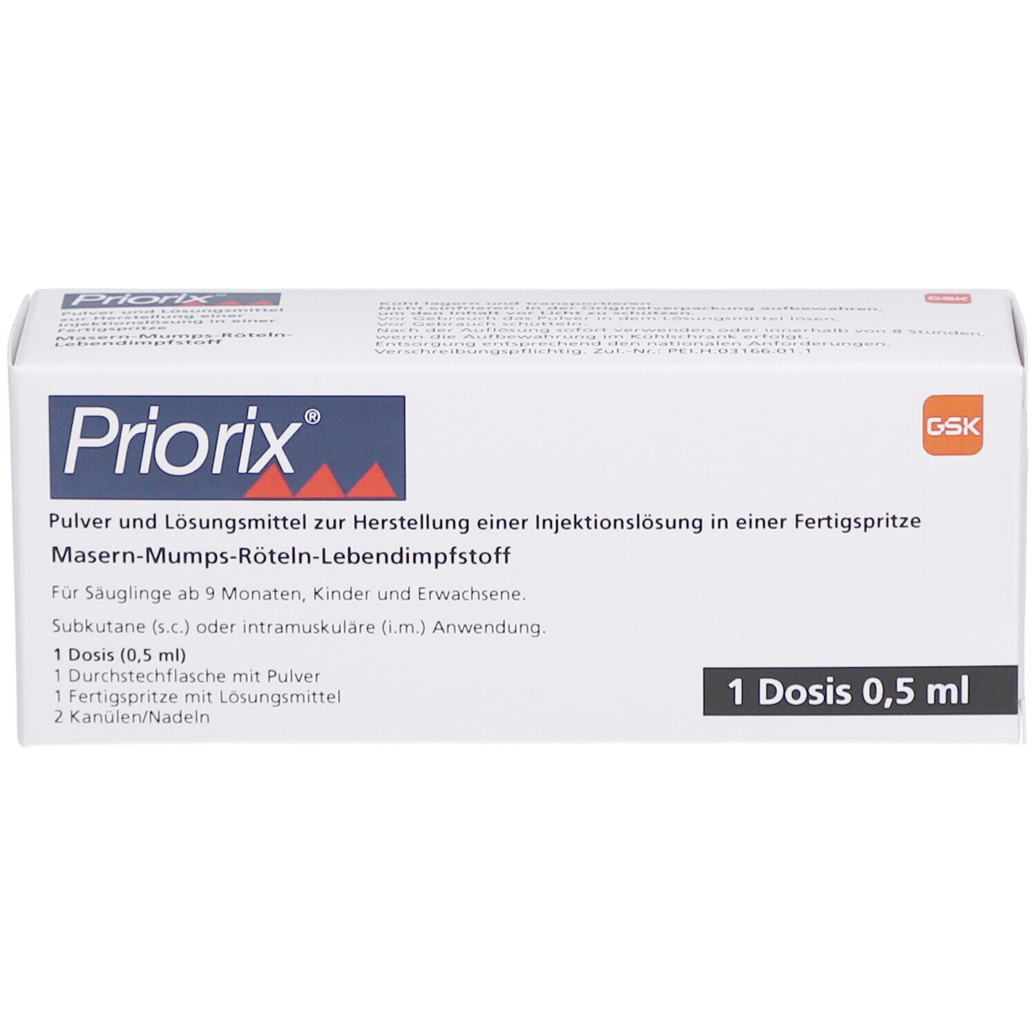 Weiße Faltschachtel mit Priorix-Logo. Enthält Impfstoff gegen Masern, Mumps und Röteln. 1 Dosis 0,5 ml.