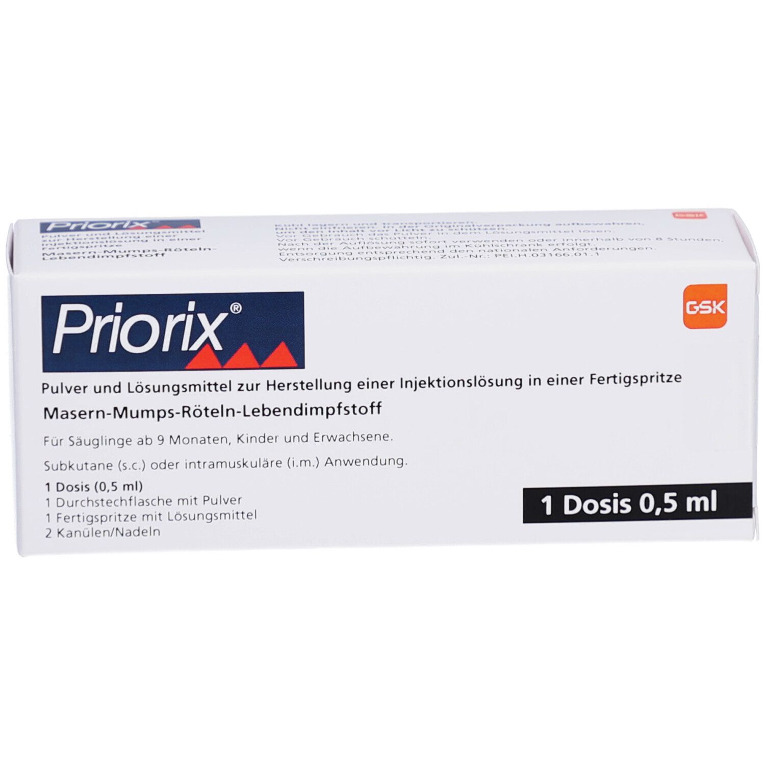 Weiße Faltschachtel mit Priorix-Logo. Enthält Impfstoff gegen Masern, Mumps und Röteln. 1 Dosis 0,5 ml.