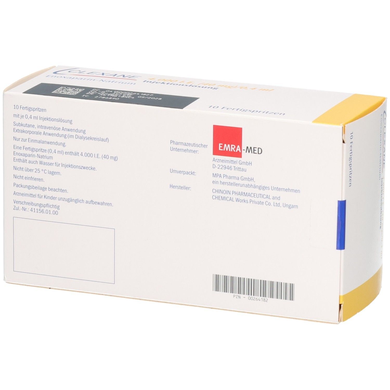 Clexane 4.000 I.E. Injektionslösung mit 10 Fertigspritzen N1. Enoxaparin-Natrium.