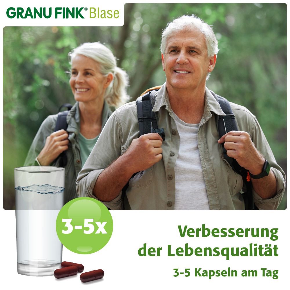Paar wandert. Glas Wasser, Kapseln. Text: Verbesserung der Lebensqualität. 3-5 Kapseln am Tag.