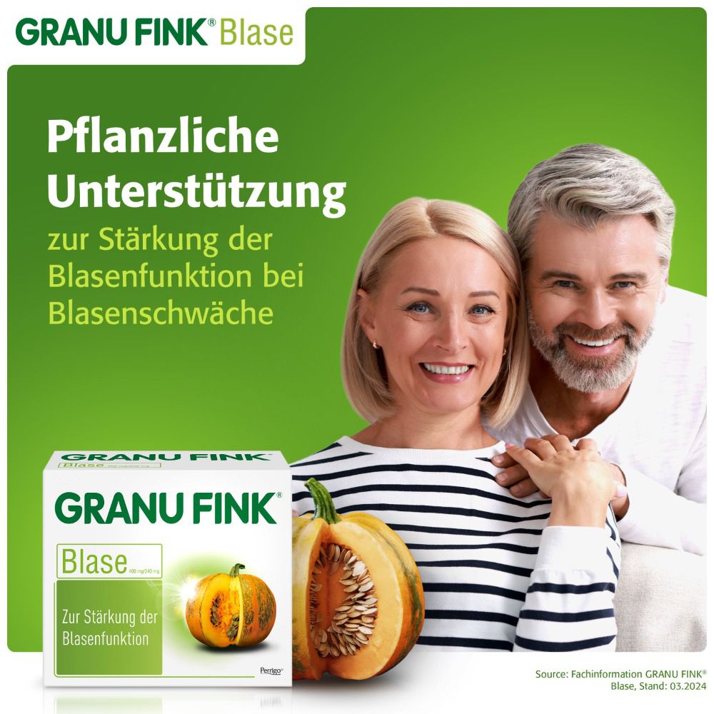 Paar lächelt. GRANU FINK® Blase-Packung und Kürbis. Text: Pflanzliche Unterstützung zur Stärkung der Blasenfunktion.