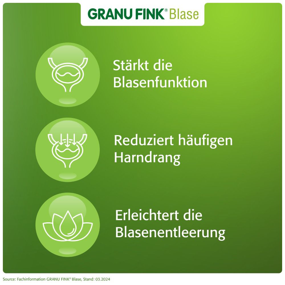 Grafik mit drei Kreisen. Text: Stärkt die Blasenfunktion, Reduziert häufigen Harndrang, Erleichtert die Blasenentleerung.