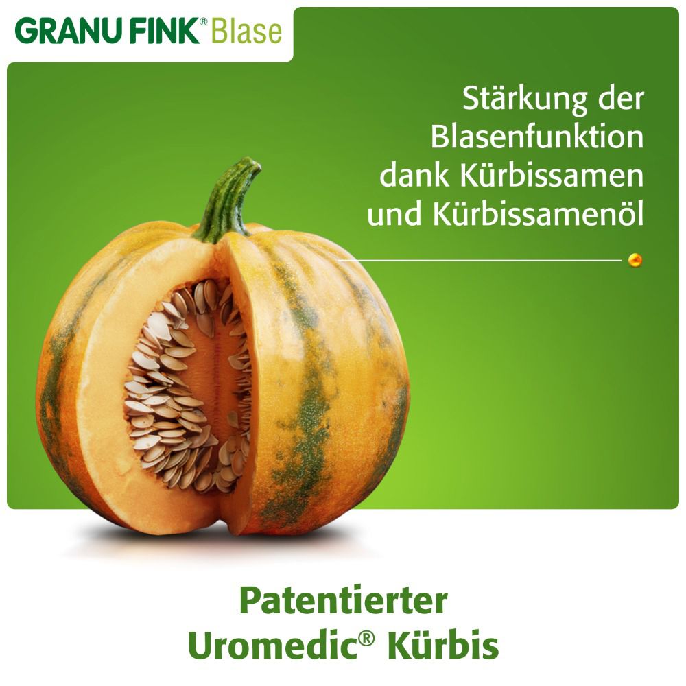 Kürbis, angeschnitten. Text: Stärkung der Blasenfunktion dank Kürbissamen und Kürbiskernöl. Patentierter Uromedic® Kürbis.