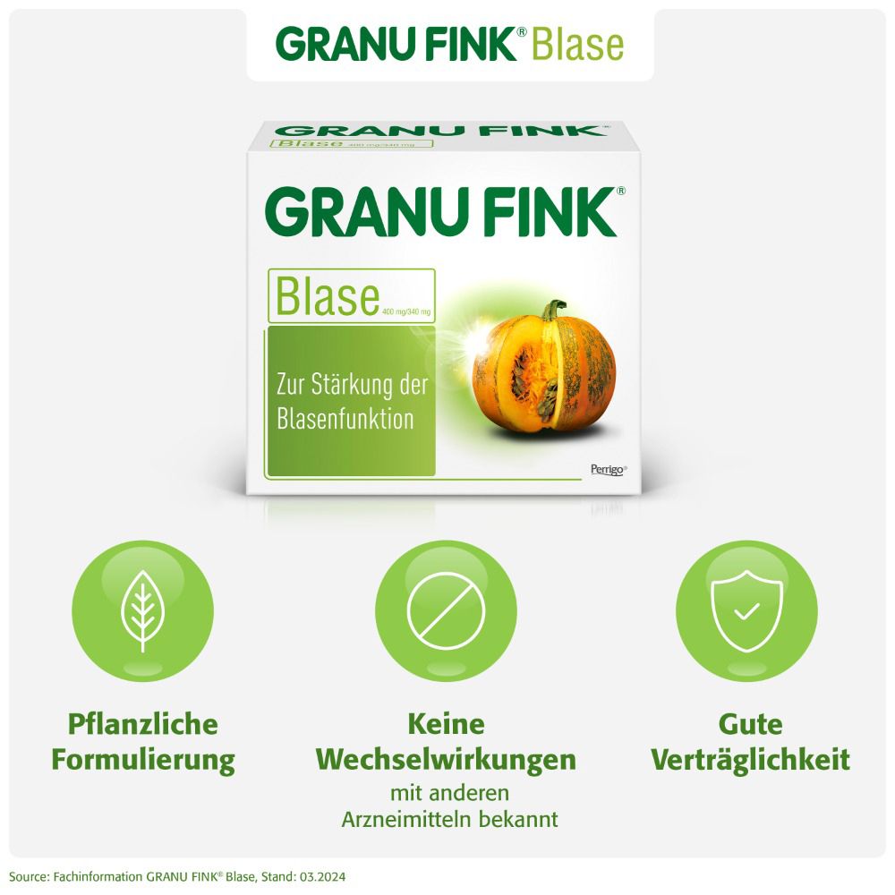 Packung GRANU FINK® Blase. Text: Pflanzliche Formulierung, Keine Wechselwirkungen, Gute Verträglichkeit.