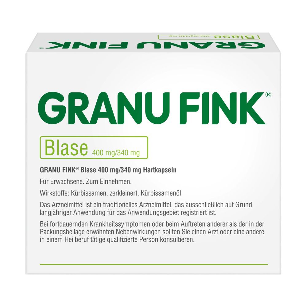 Packung GRANU FINK® Blase. Text: GRANU FINK® Blase 400 mg/340 mg Hartkapseln. Für Erwachsene. Zum Einnehmen.