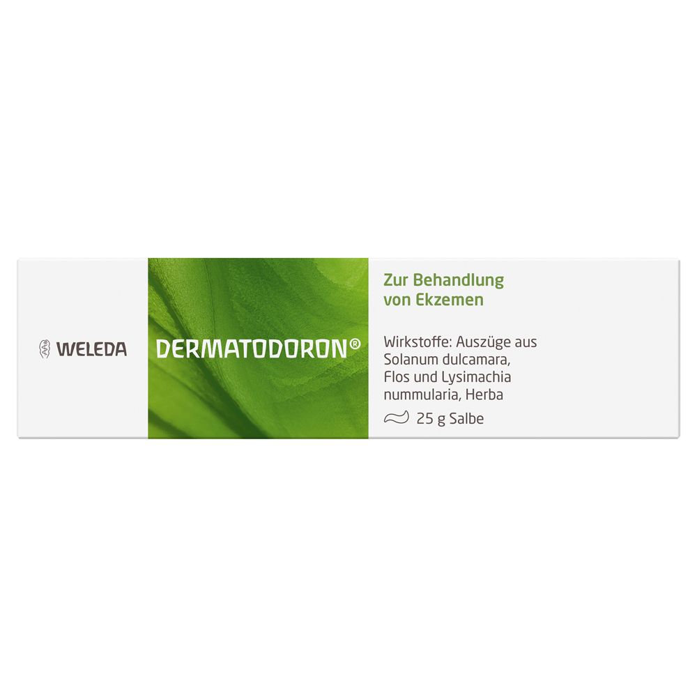 Schachtel mit Salbe. Aufschrift: Dermatodoron®, Weleda. Für die Behandlung von Ekzemen. 25 g Salbe.