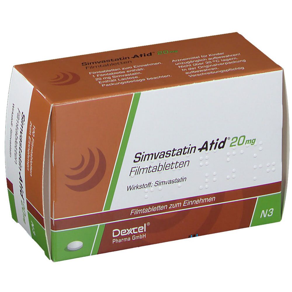 Braune und weiße Schachtel mit "Simvastatin Atid 20mg" und "Filmtabletten". Marke Dexcel Pharma GmbH.