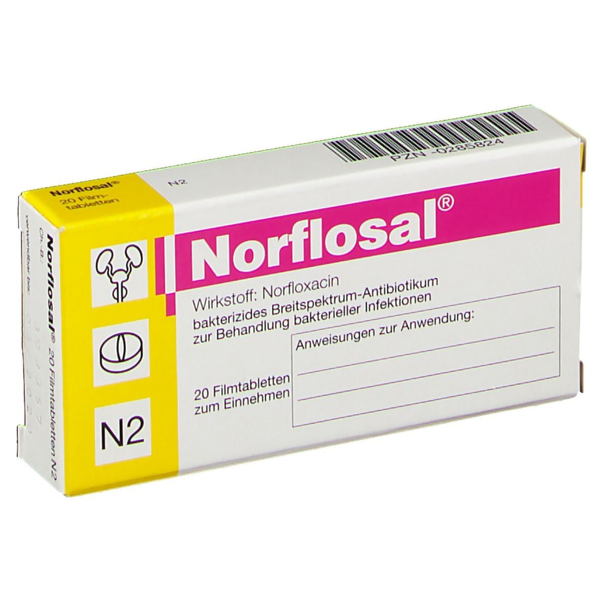 Norflosal Filmtabl-Packung. Weiß-gelbe Schachtel mit rosa Akzenten. Aufschrift: Norflosal, 20 Filmtabletten. Enthält Norfloxacin.