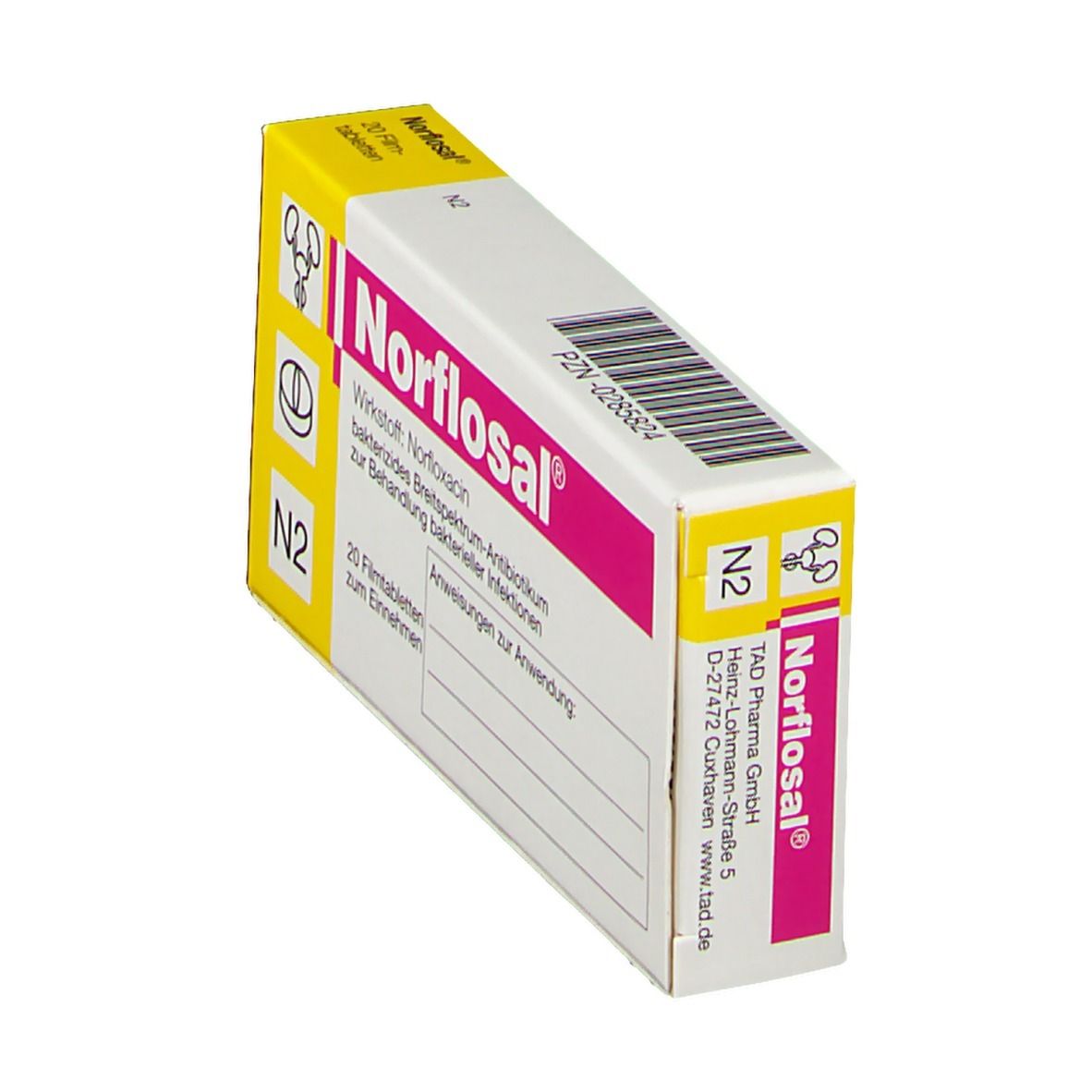 Norflosal Filmtabl-Packung. Schachtel mit rosa Streifen und gelben Ecken. Aufschrift: Norflosal, 20 Filmtabletten. Enthält Norfloxacin.