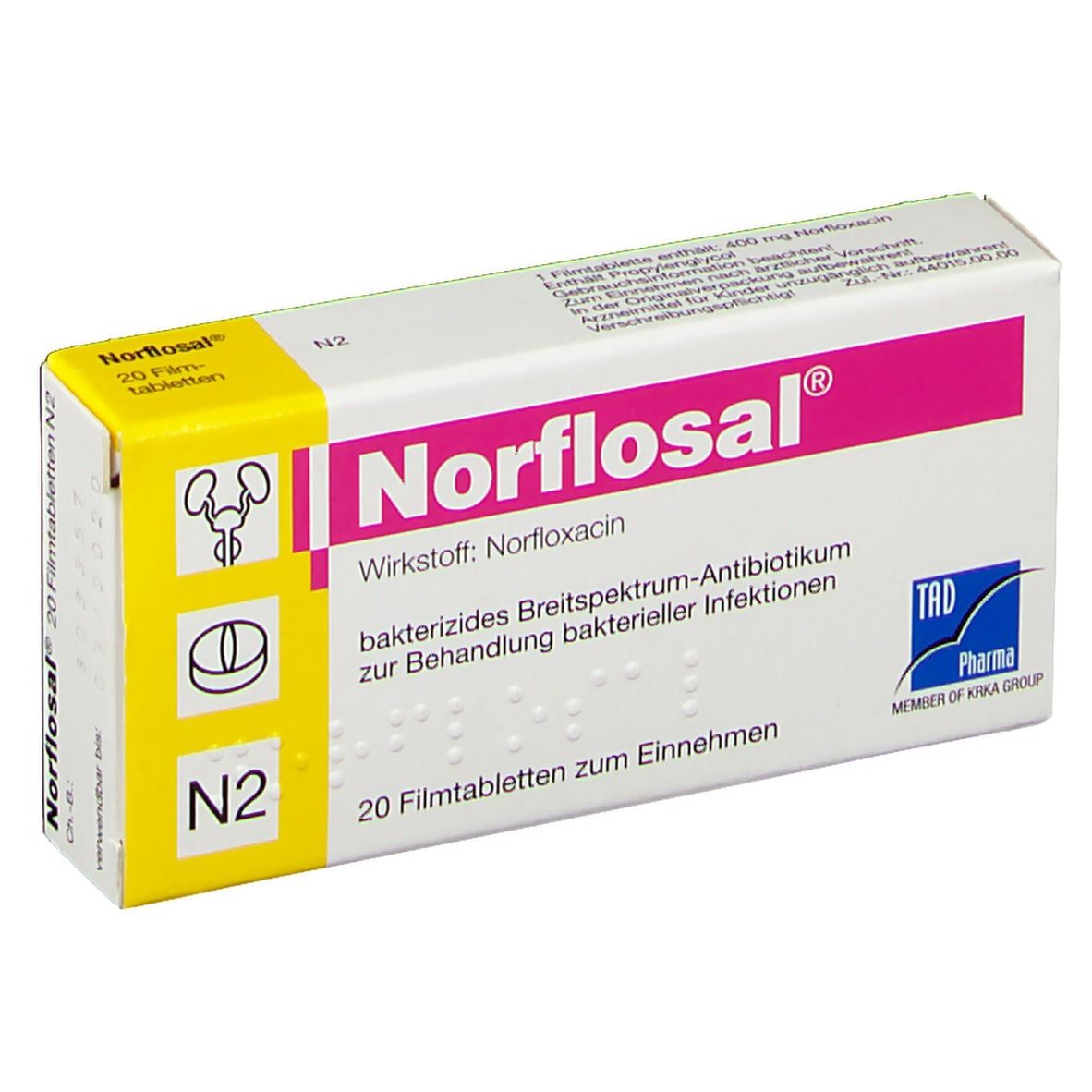 Norflosal Filmtabl-Packung. Weiße Schachtel mit rosa und gelben Elementen. Aufschrift: Norflosal, 20 Filmtabletten. Enthält Norfloxacin.