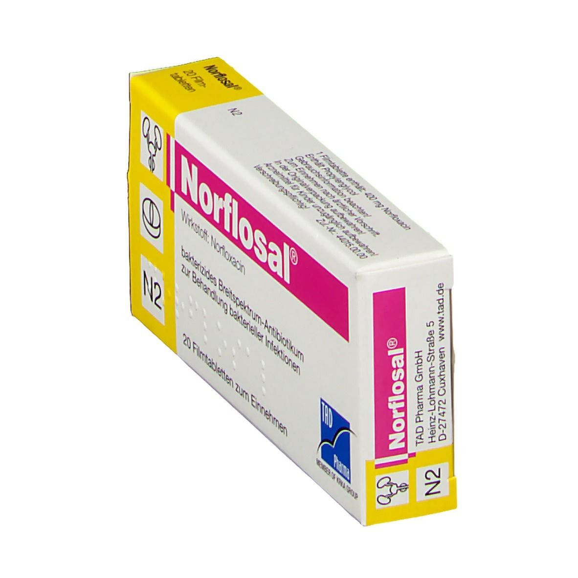 Norflosal Filmtabl-Packung. Schachtel mit rosa Streifen und gelben Ecken. Aufschrift: Norflosal, 20 Filmtabletten. Enthält Norfloxacin.