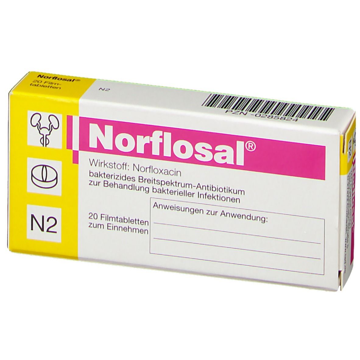 Norflosal Filmtabl-Packung. Weiße Schachtel mit rosa und gelben Elementen. Aufschrift: Norflosal, 20 Filmtabletten. Enthält Norfloxacin.