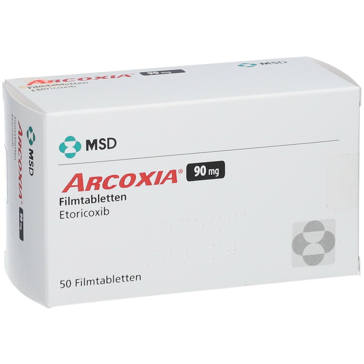 Weiße Schachtel mit rotem und schwarzem Text. Aufschrift: ARCOXIA 90 mg, Filmtabletten, Etoricoxib. MSD-Logo. 50 Filmtabletten.