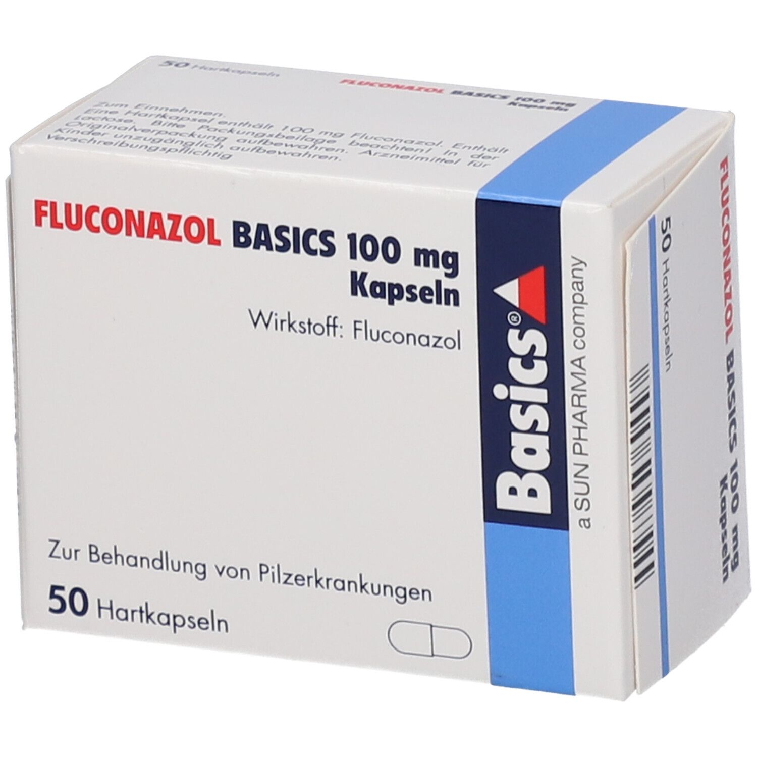Schachtel mit FLUCONAZOL BASICS 100 mg Kapseln. Aufschrift: 50 Hartkapseln. Basics Logo. Blaue und weiße Verpackung.