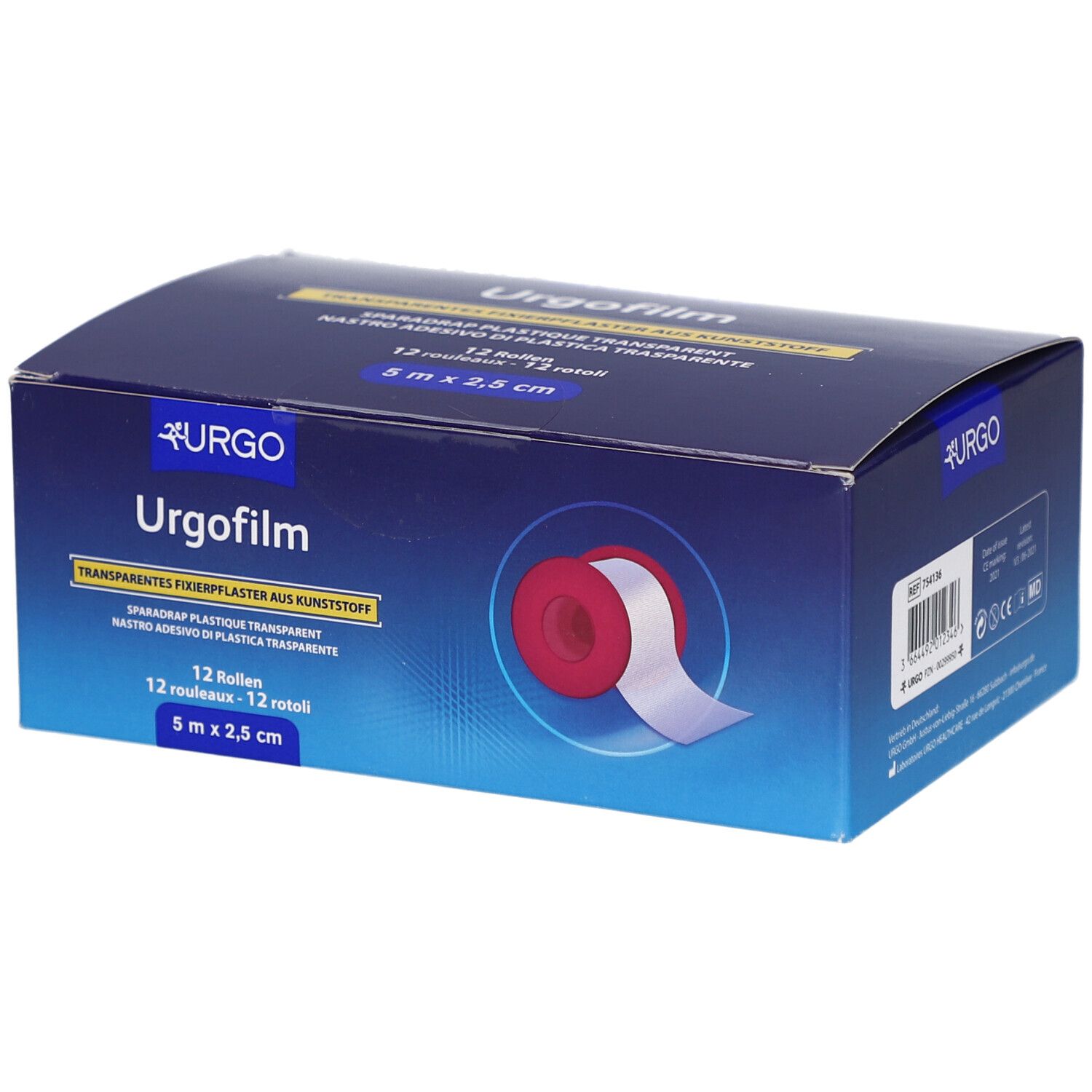 Blau-weiße Verpackung von URGO Urgofilm. Enthält 12 Rollen transparentes Fixierpflaster, 5 m x 2,5 cm. Roter Rollen-Ausschnitt.