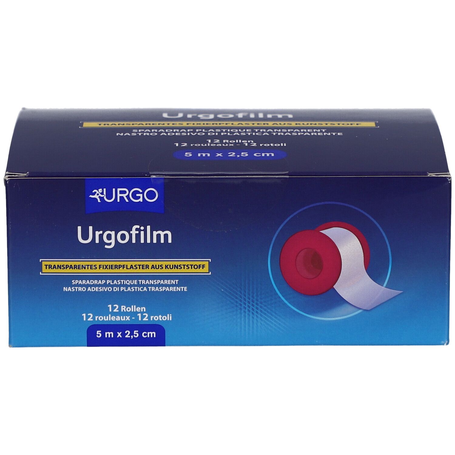 Blau-weiße Verpackung von URGO Urgofilm. Enthält 12 Rollen transparentes Fixierpflaster, 5 m x 2,5 cm. Roter Rollen-Ausschnitt.