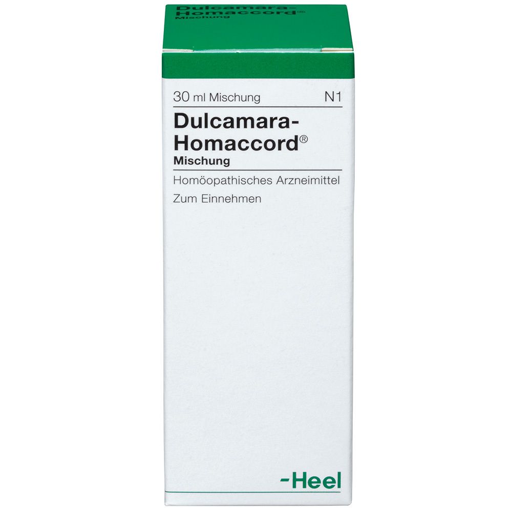 Weißer Karton mit grünen Akzenten. Aufschrift: Dulcamara-Homaccord Mischung. Marke: Heel.