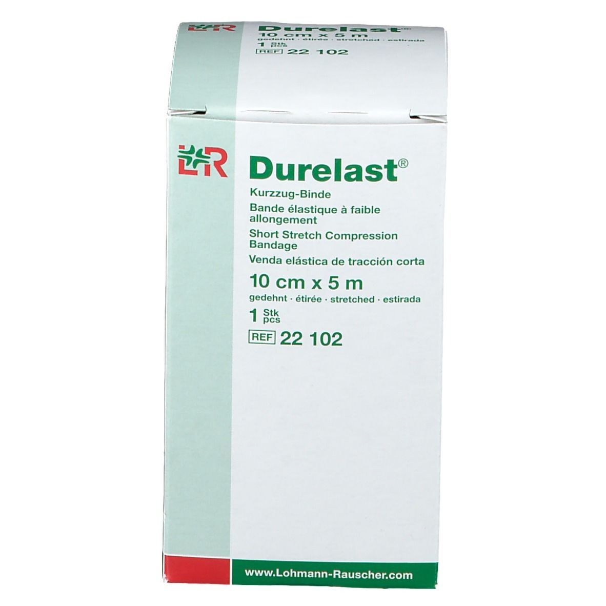 Durelast®-Verpackung. Weißer Karton mit Produktnamen, Größenangaben und Logo von Lohmann & Rauscher. 10 cm x 5 m.