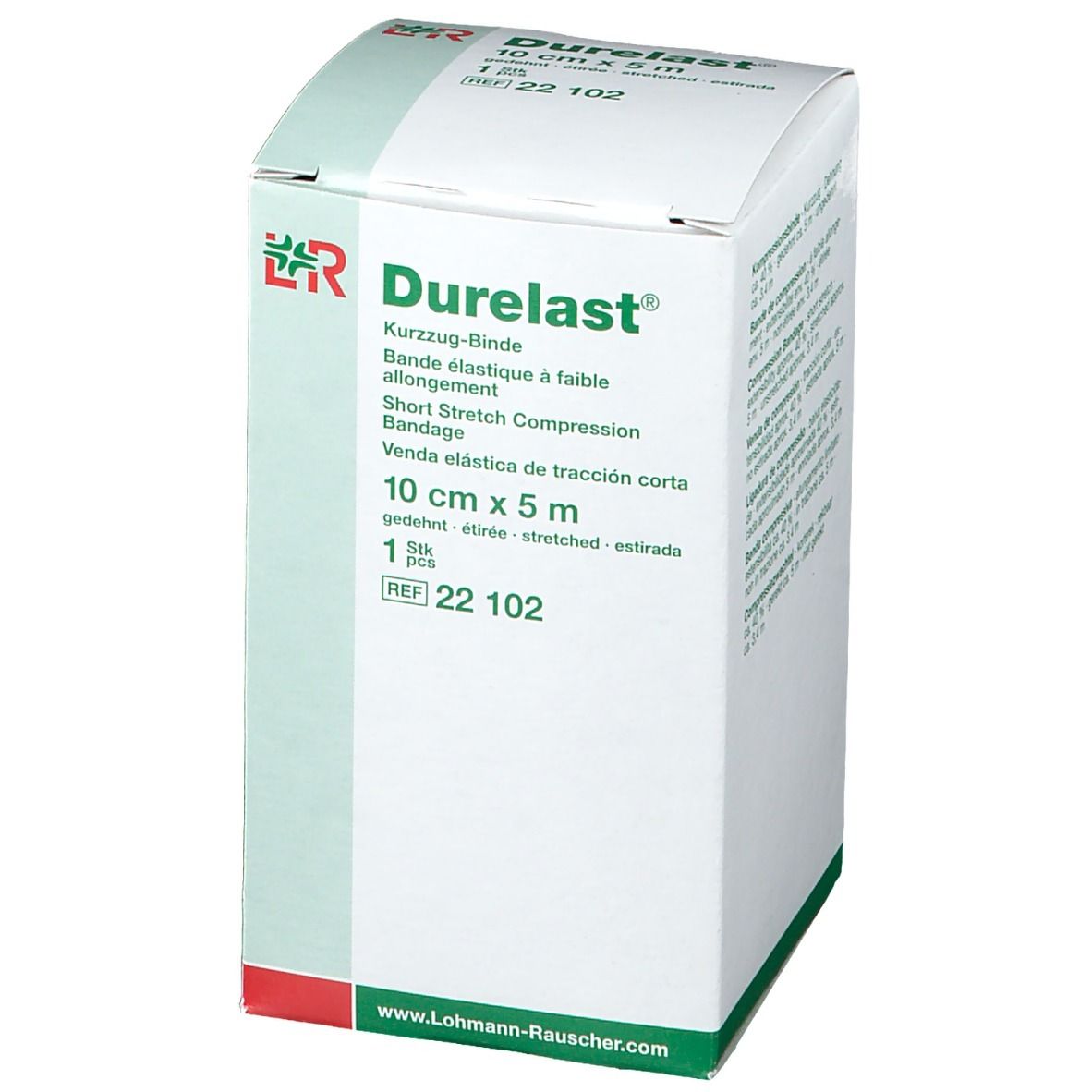 Durelast®-Verpackung. Weißer Karton mit Produktnamen, Größenangaben und Logo von Lohmann & Rauscher. 10 cm x 5 m.