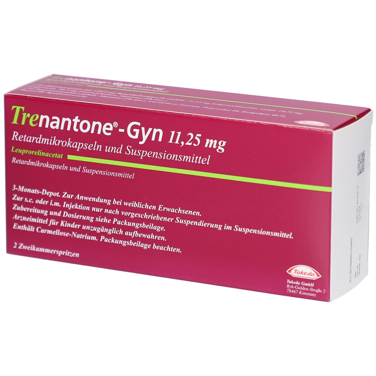Rote Verpackung von Trenantone®-Gyn 11,25 mg. Enthält Retardmikrokapseln und Suspensionsmittel. Aufschrift: 2 Zweikammerspritzen.