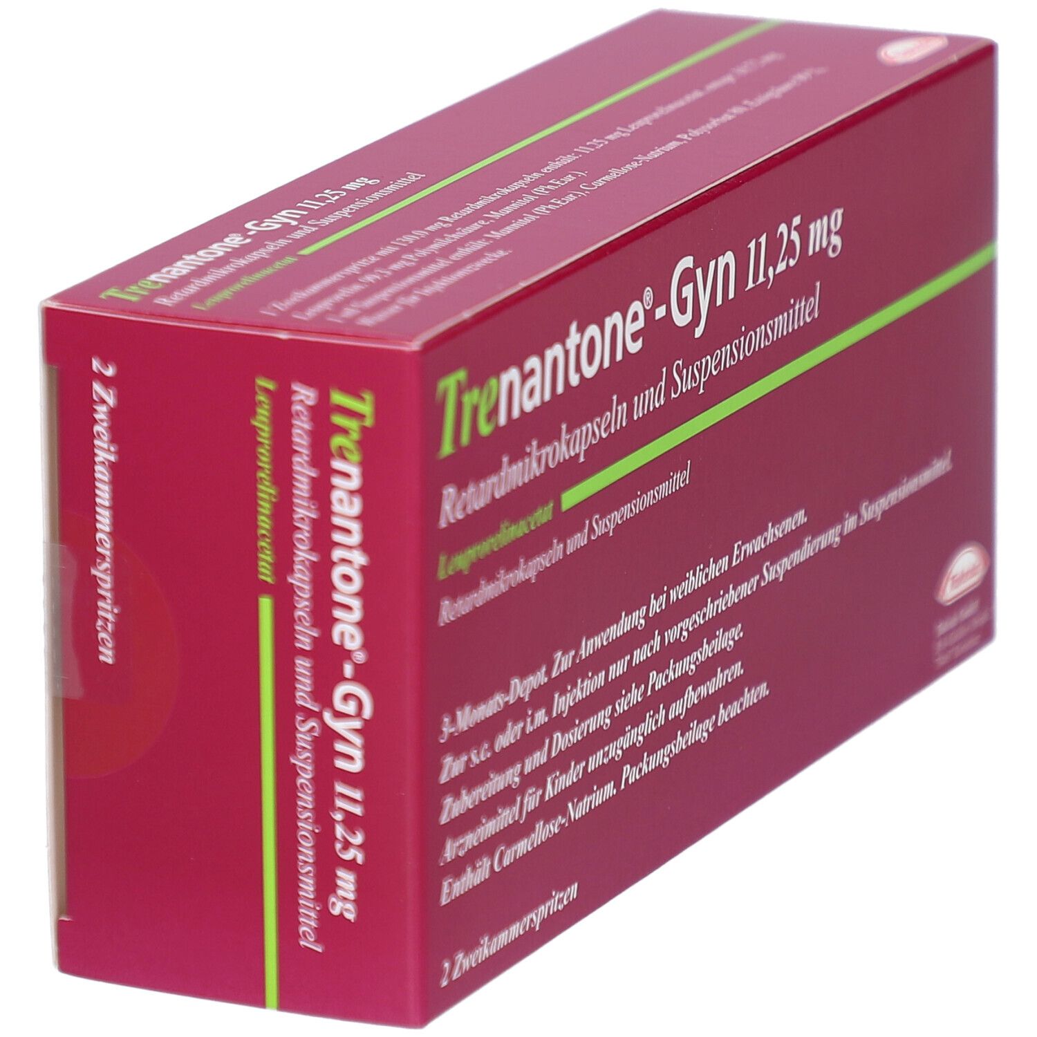 Schräg gestellte, rote Verpackung von Trenantone®-Gyn 11,25 mg. Enthält Retardmikrokapseln und Suspensionsmittel. Aufschrift: 2 Zweikammerspritzen.