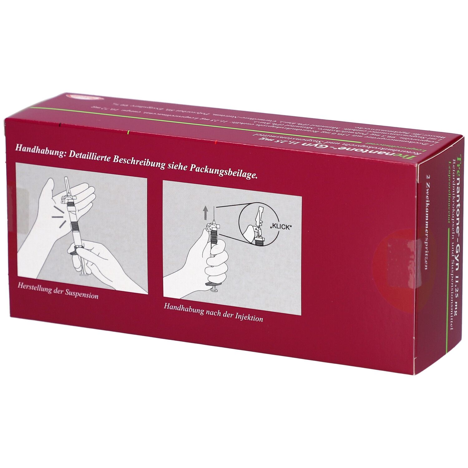 Rückseite der roten Verpackung von Trenantone®-Gyn 11,25 mg. Abbildungen zur Handhabung der Suspension und Injektion.