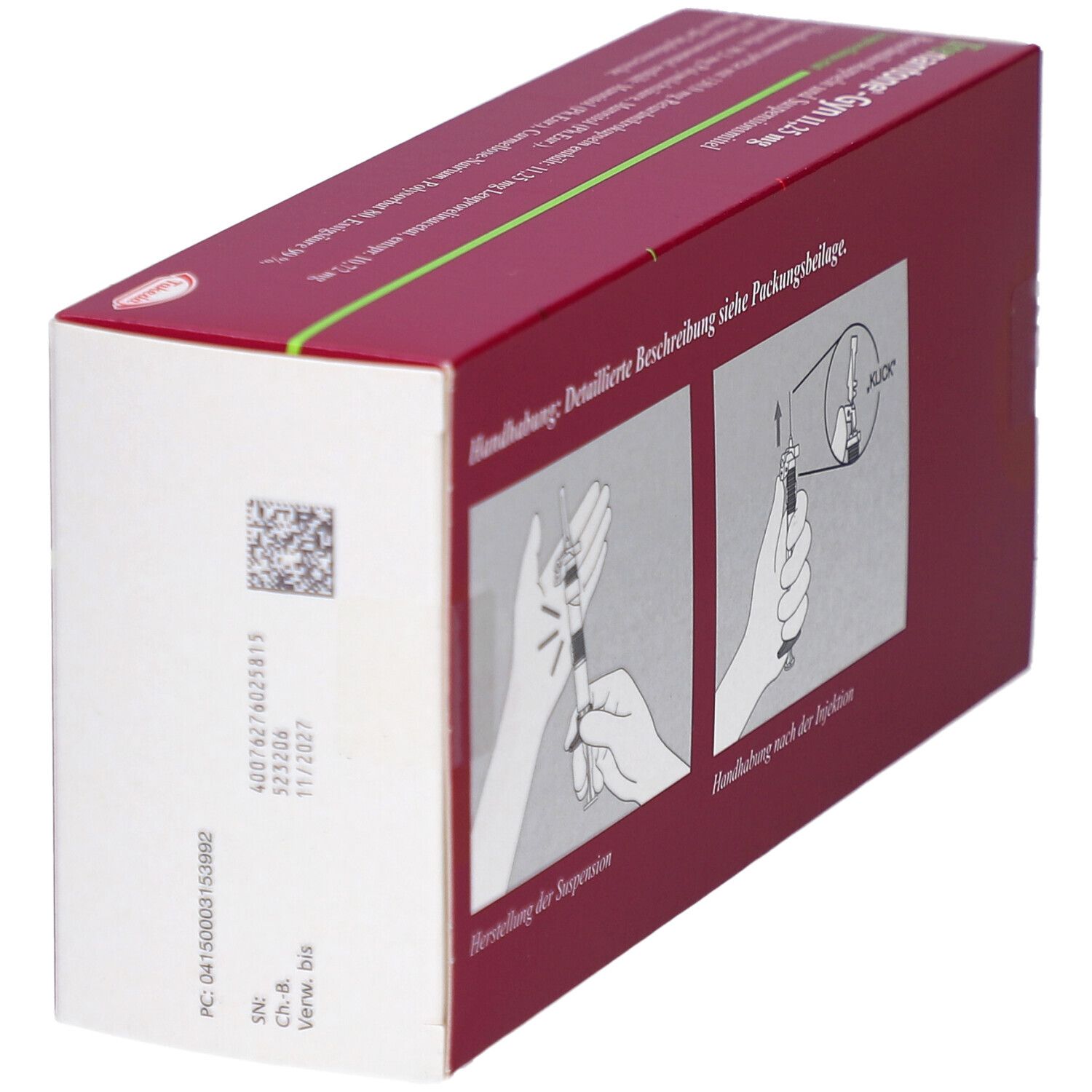 Rote Verpackung von Trenantone®-Gyn 11,25 mg. Auf der Seite: Handhabungshinweise und Chargennummer. Grüne Linie verläuft über die Oberseite.