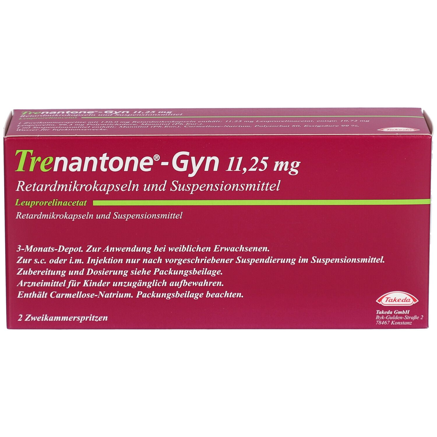 Rote Verpackung von Trenantone®-Gyn 11,25 mg. Enthält Retardmikrokapseln und Suspensionsmittel. Aufschrift: 2 Zweikammerspritzen.