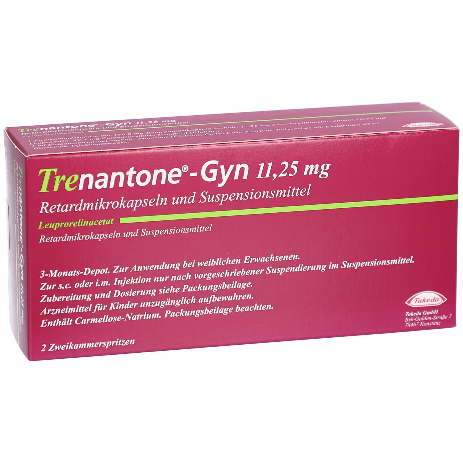 Rote Verpackung von Trenantone®-Gyn 11,25 mg. Enthält Retardmikrokapseln und Suspensionsmittel. Aufschrift: 2 Zweikammerspritzen.