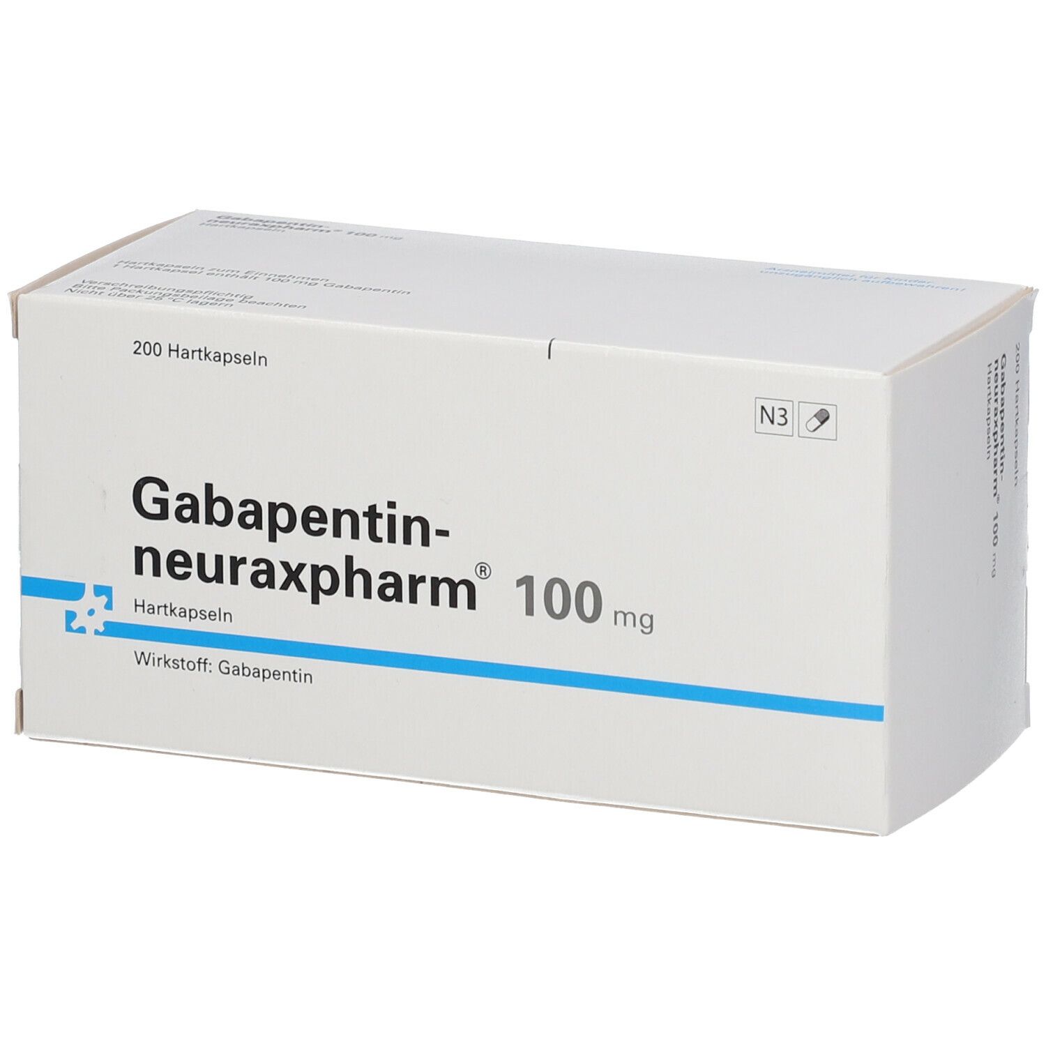 Weiße Faltschachtel mit Aufschrift GABAPENTIN neuraxpharm 100 mg. Enthält 200 Hartkapseln. Blaue Linie unterhalb der Produktbezeichnung.