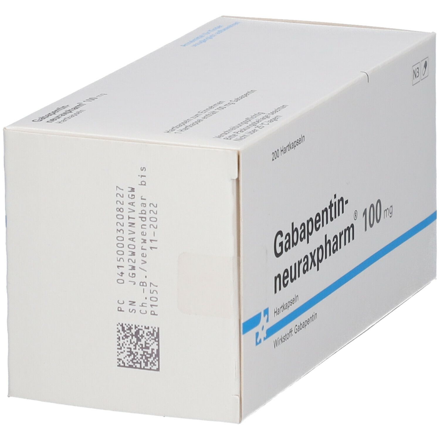 Weiße Faltschachtel mit Aufschrift GABAPENTIN neuraxpharm 100 mg. Enthält 200 Hartkapseln. Rückseite mit Barcode und Chargeninformationen.