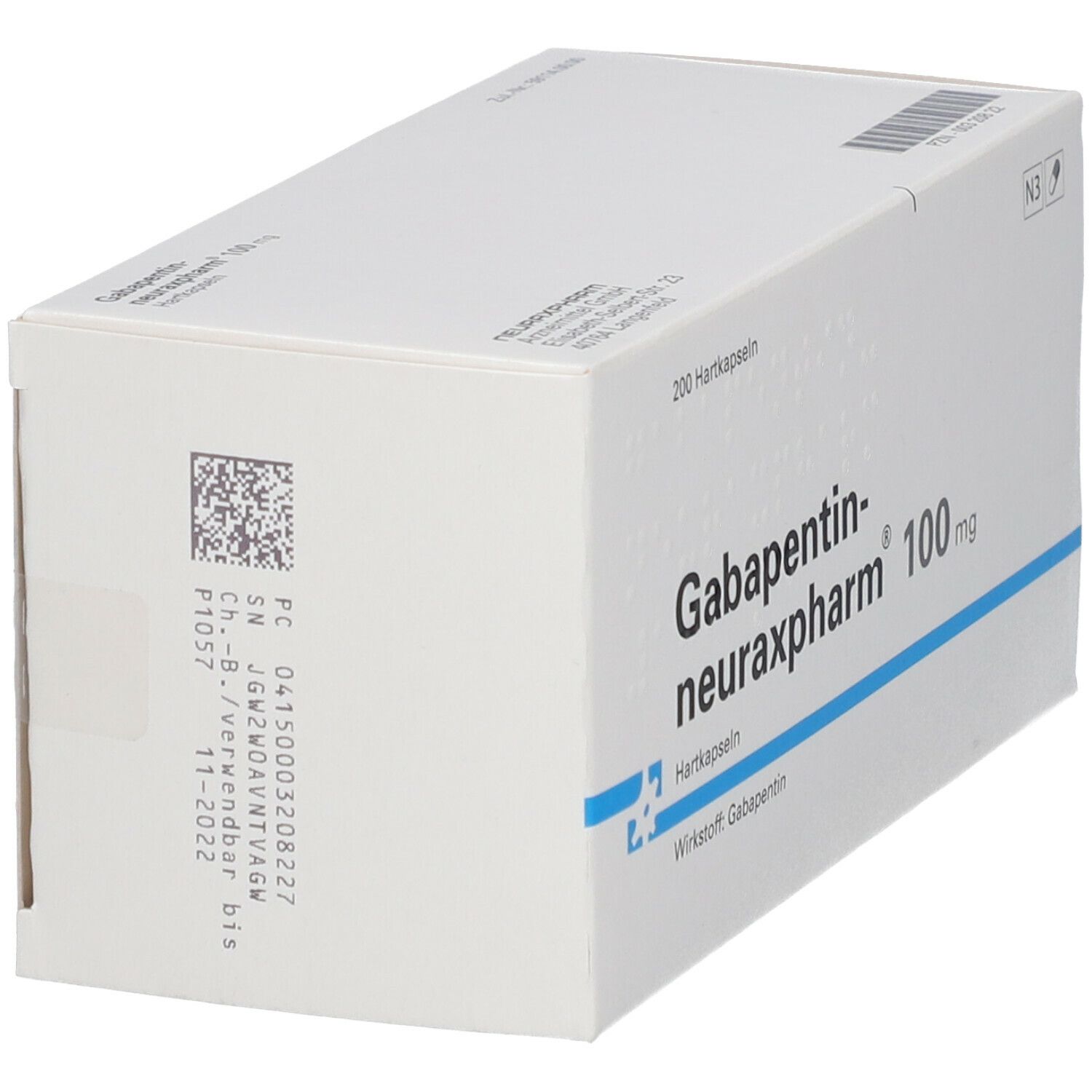 Weiße Faltschachtel mit Aufschrift GABAPENTIN neuraxpharm 100 mg. Enthält 200 Hartkapseln. Rückseite mit Barcode und Chargeninformationen.