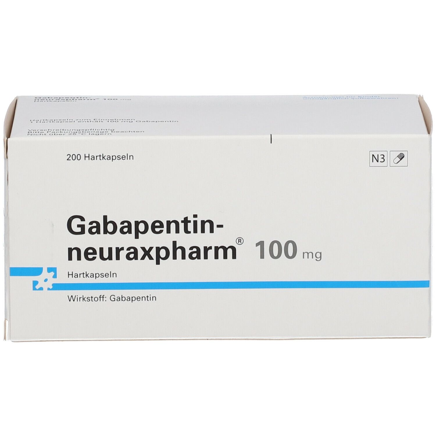 Weiße Faltschachtel mit Aufschrift GABAPENTIN neuraxpharm 100 mg. Enthält 200 Hartkapseln. Blaue Linie unterhalb der Produktbezeichnung.