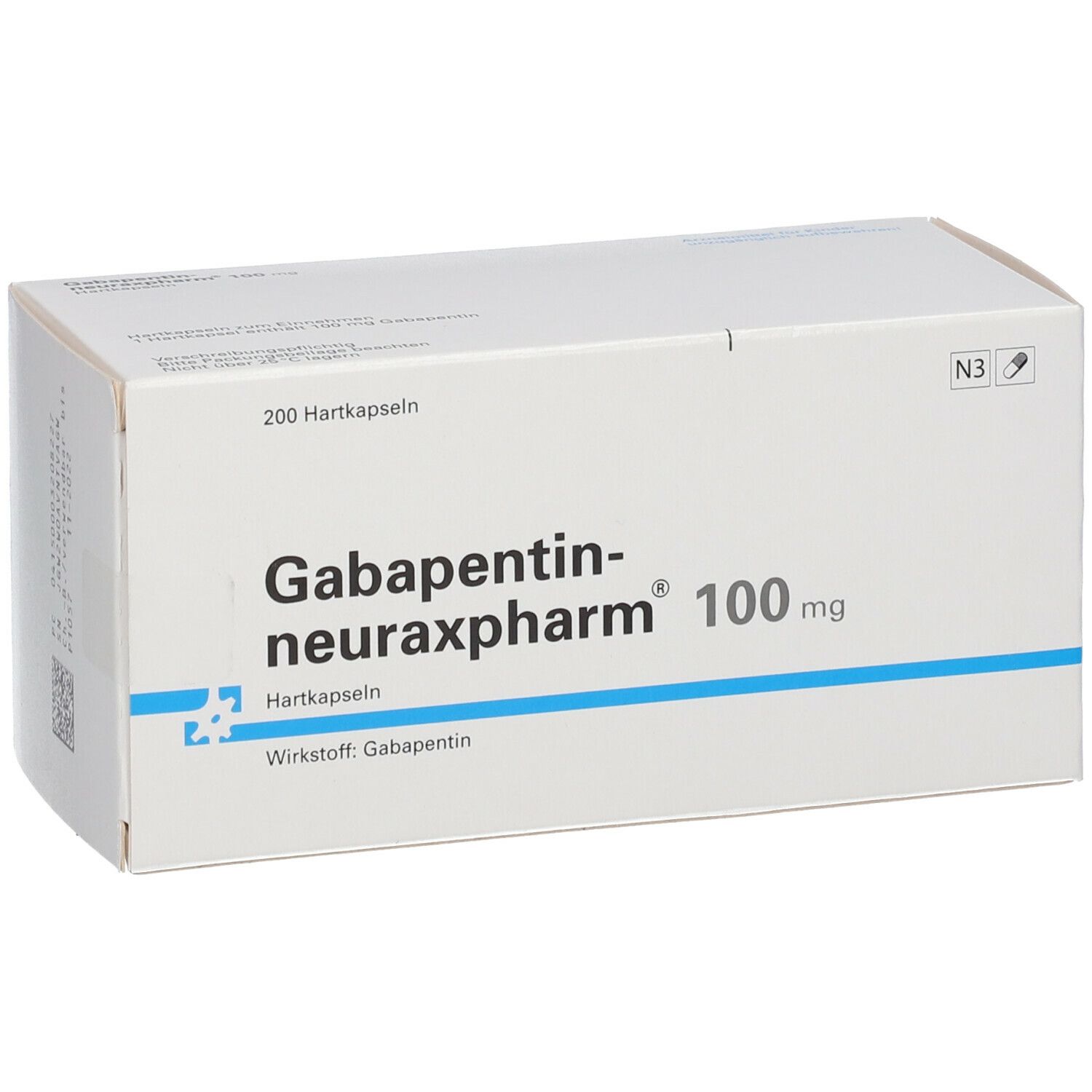Weiße Faltschachtel mit Aufschrift GABAPENTIN neuraxpharm 100 mg. Enthält 200 Hartkapseln. Blaue Linie unterhalb der Produktbezeichnung.