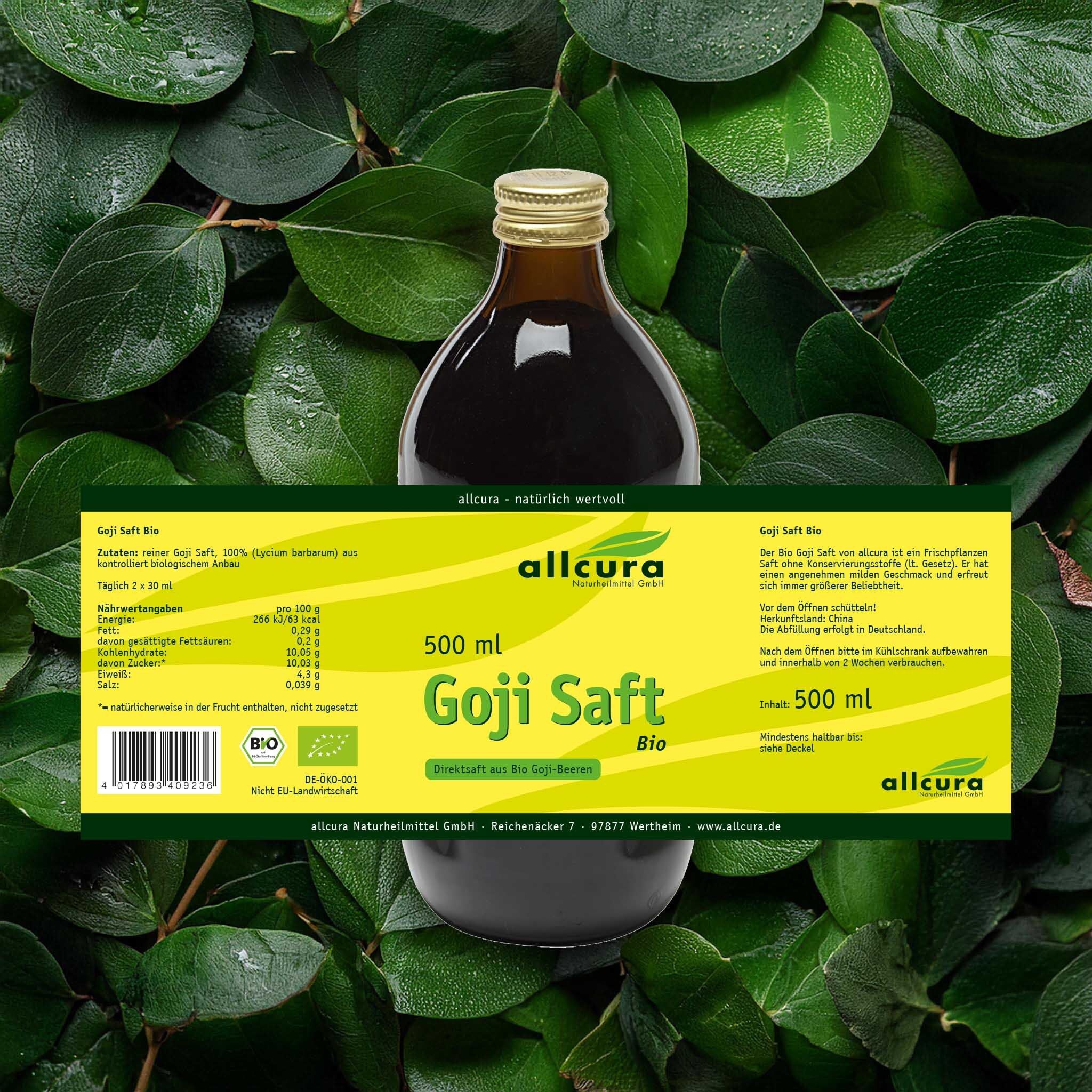 Goji Saft Bio Flasche mit Etikett. Etikett mit Logo, Nährwertangaben und Text. 500 ml.