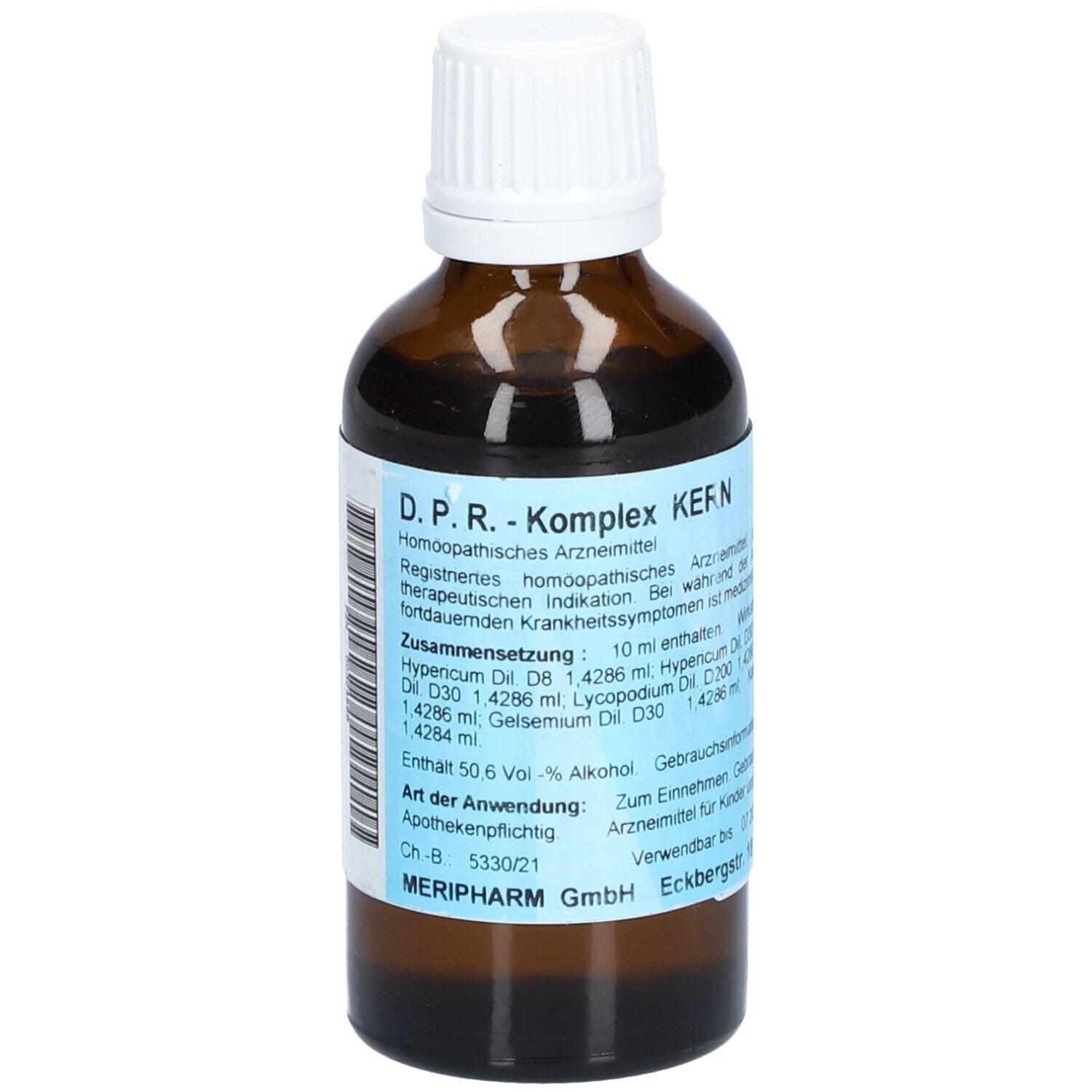 Braune Glasflasche mit weißem Deckel. Etikett mit Produktinformationen: D.P.R. -Komplex KERN Tropfen.