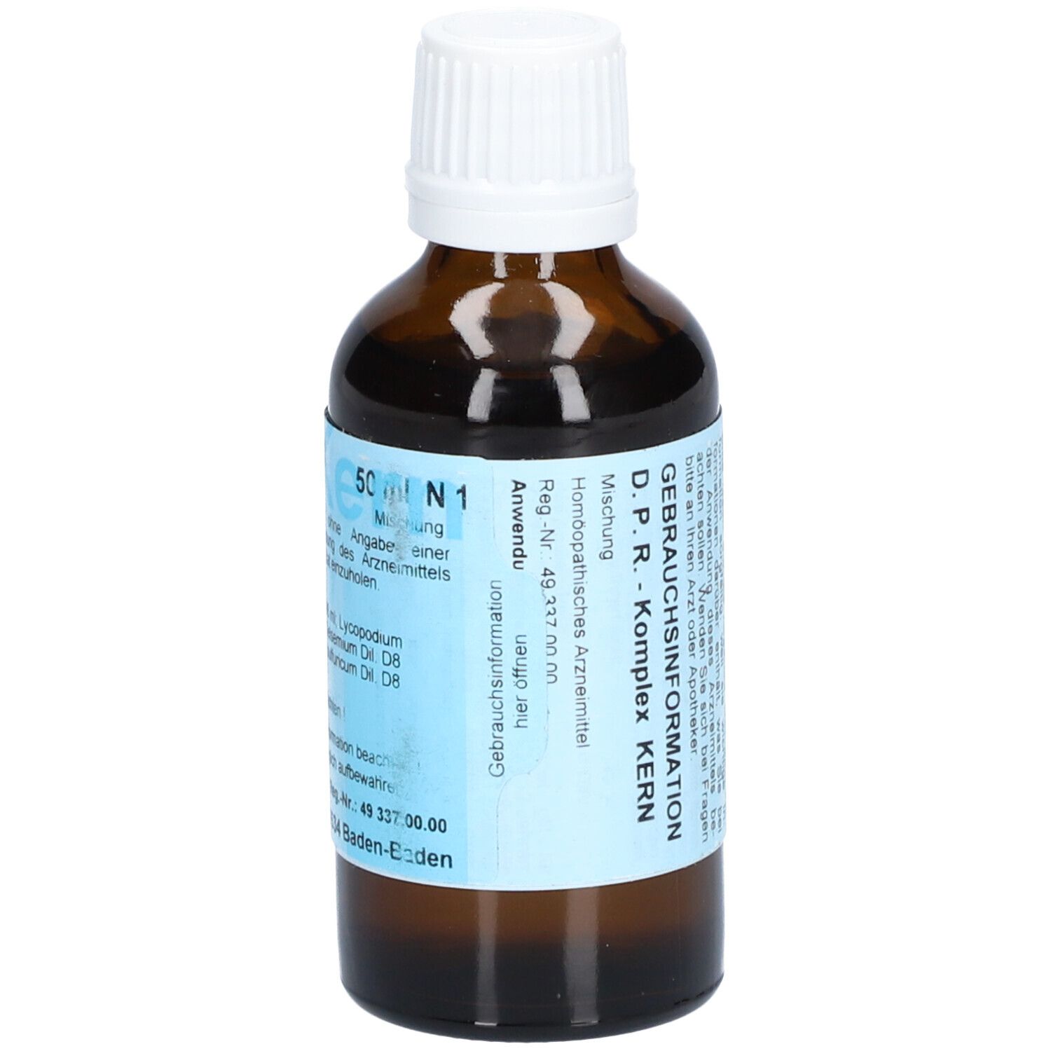 Braune Glasflasche mit weißem Deckel. Etikett mit Produktinformationen: D.P.R. -Komplex KERN, 50 ml.