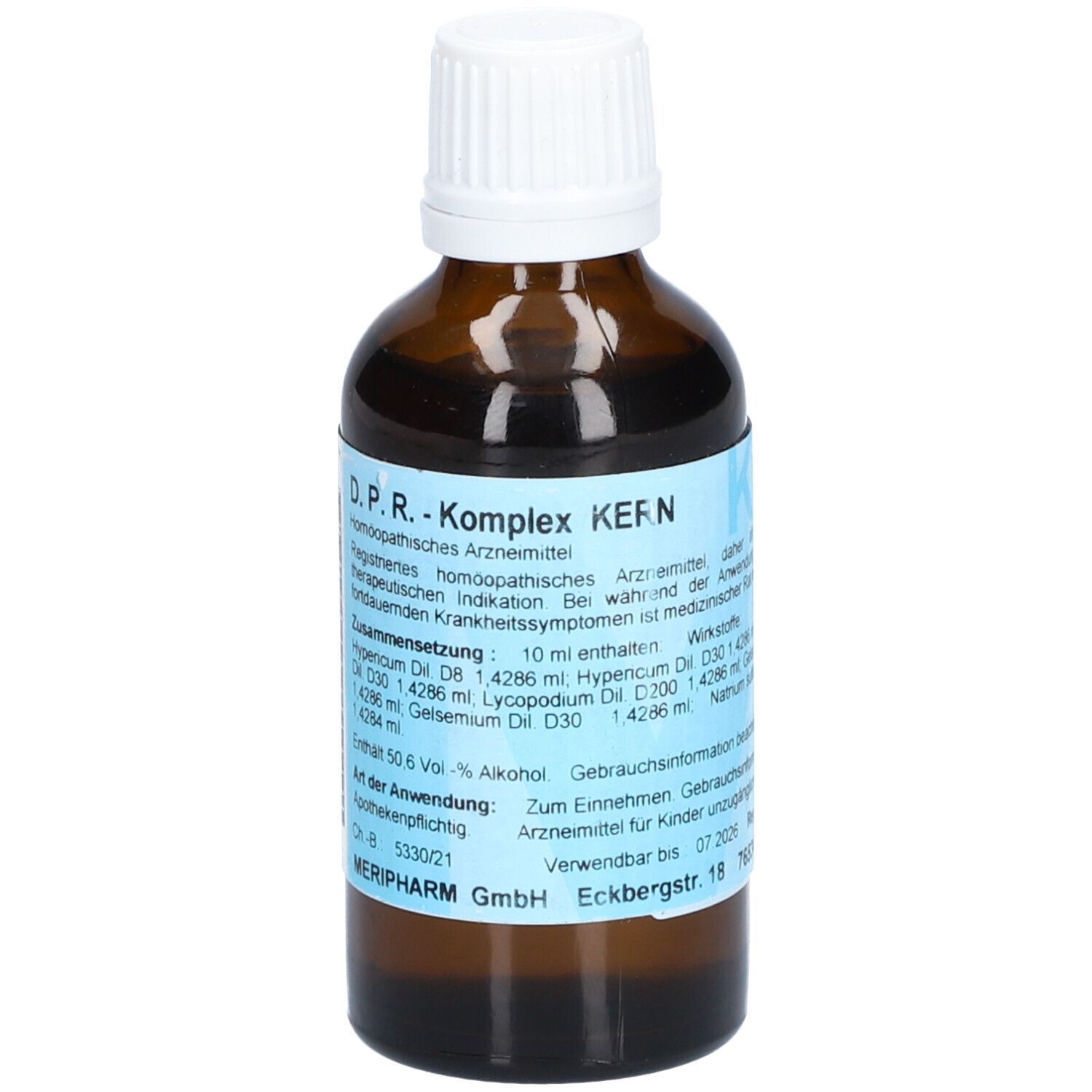 Braune Glasflasche mit weißem Deckel. Etikett mit Produktinformationen: D.P.R. -Komplex KERN Tropfen.