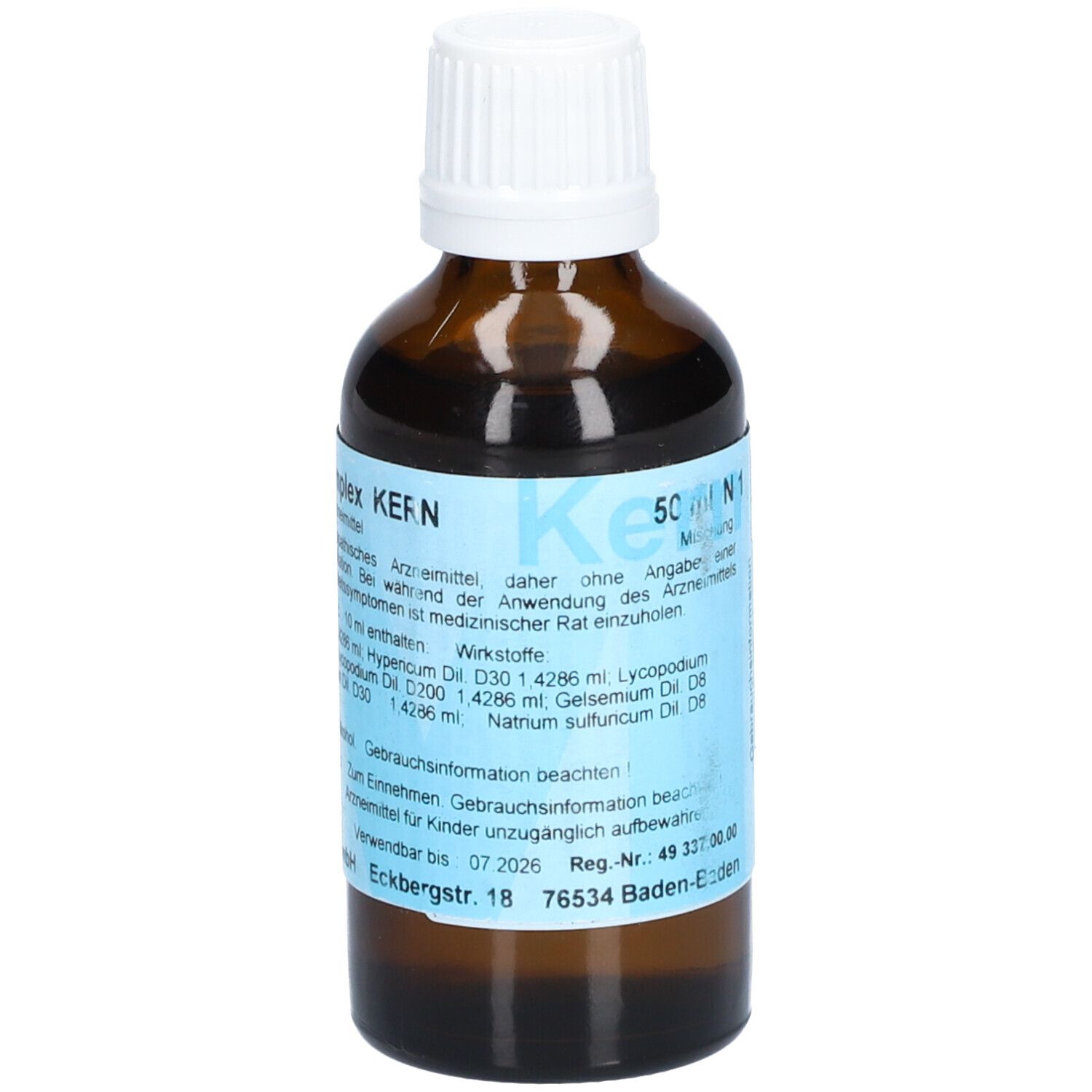 Braune Glasflasche mit weißem Deckel. Etikett mit Produktinformationen: D.P.R. -Komplex KERN, 50 ml.