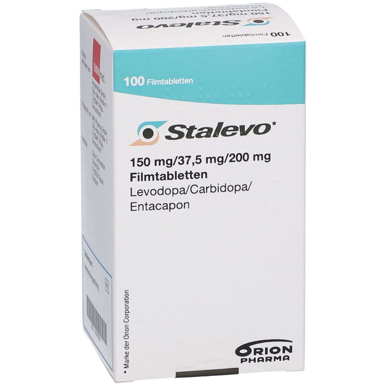 Schachtel mit Stalevo 150 mg/37,5 mg/200 mg Filmtabletten. Enthält 100 Tabletten. Logo und Produktinformationen auf der Vorderseite.