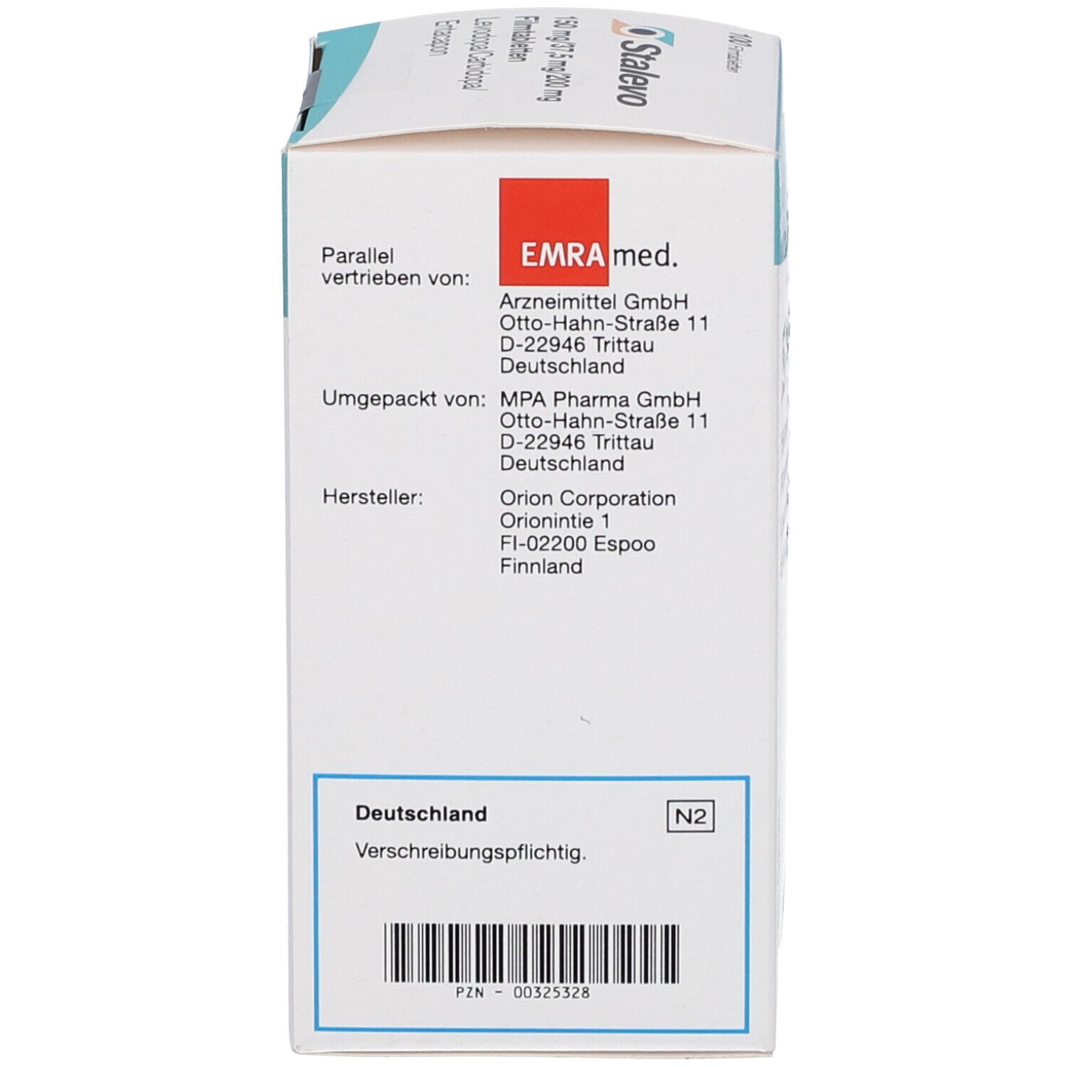 Rückseite der Stalevo-Verpackung. Enthält Informationen zu Vertrieb, Hersteller und Chargennummer. Text in deutscher Sprache.