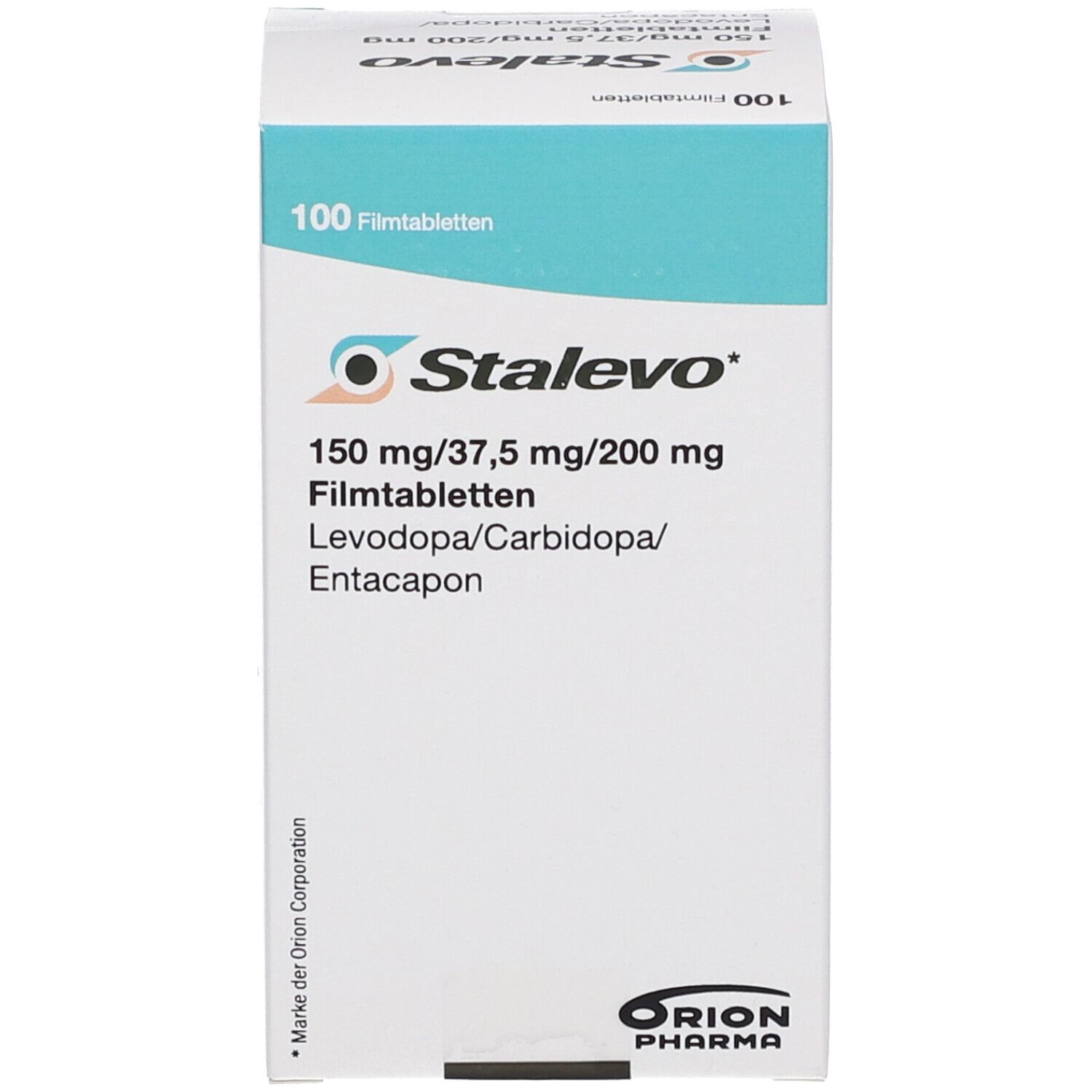 Schachtel mit Stalevo 150 mg/37,5 mg/200 mg Filmtabletten. Enthält 100 Tabletten. Logo und Produktinformationen auf der Vorderseite.
