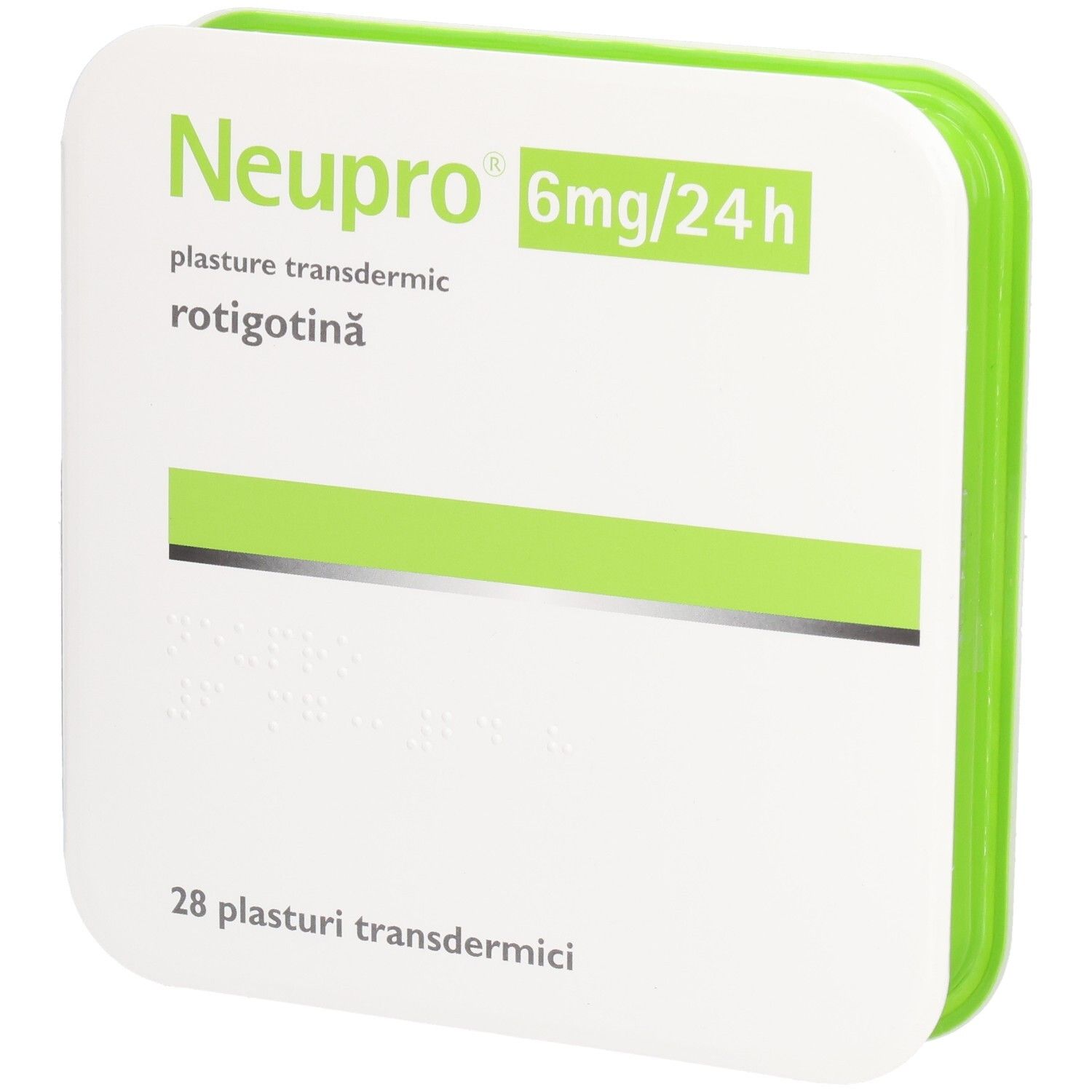 Quadratische Verpackung. Oben: Neupro 6mg/24h. Grün-weiße Farbgebung. 28 transdermale Pflaster. Braille-Schrift.