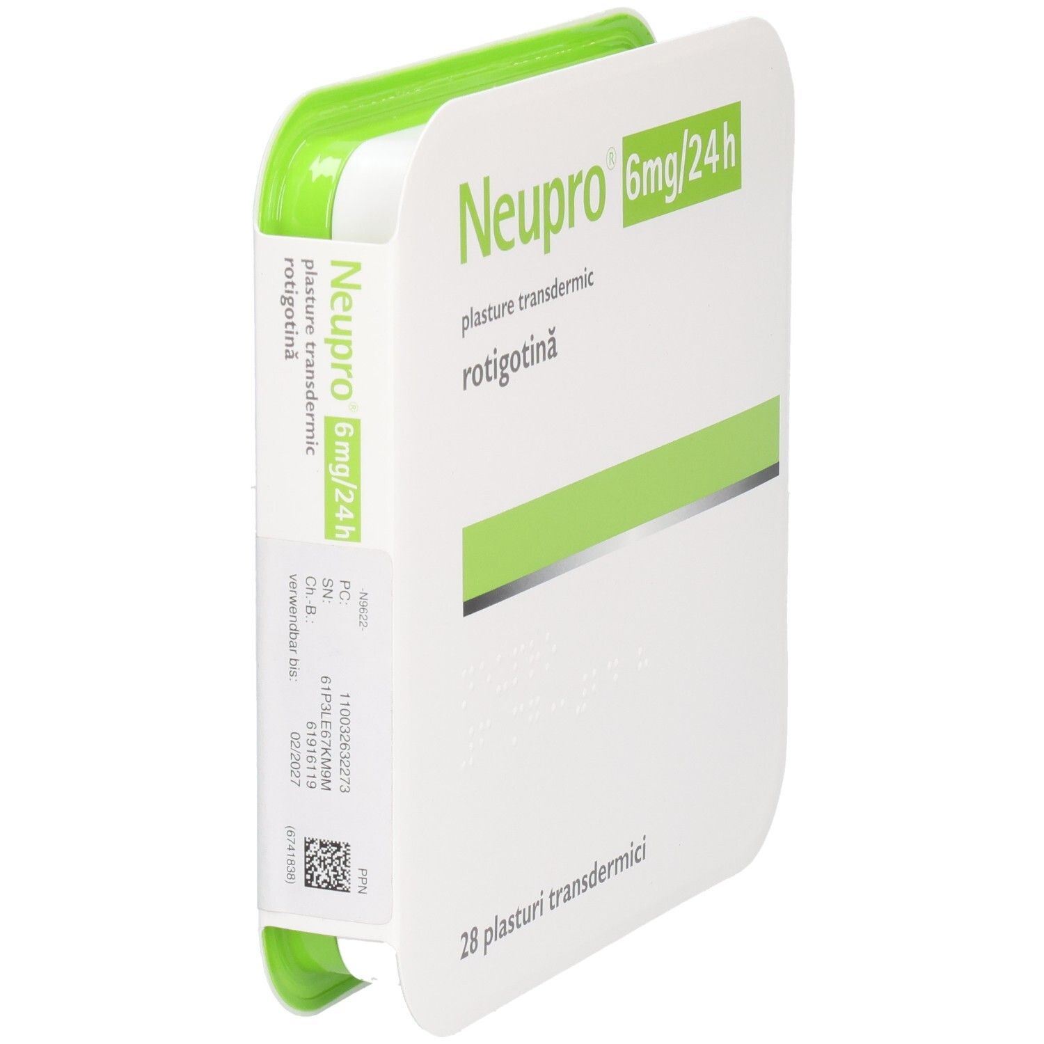 Verpackung, teilweise geöffnet. Neupro 6mg/24h. Grün-weiße Farbgebung. 28 transdermale Pflaster. Seitenansicht.