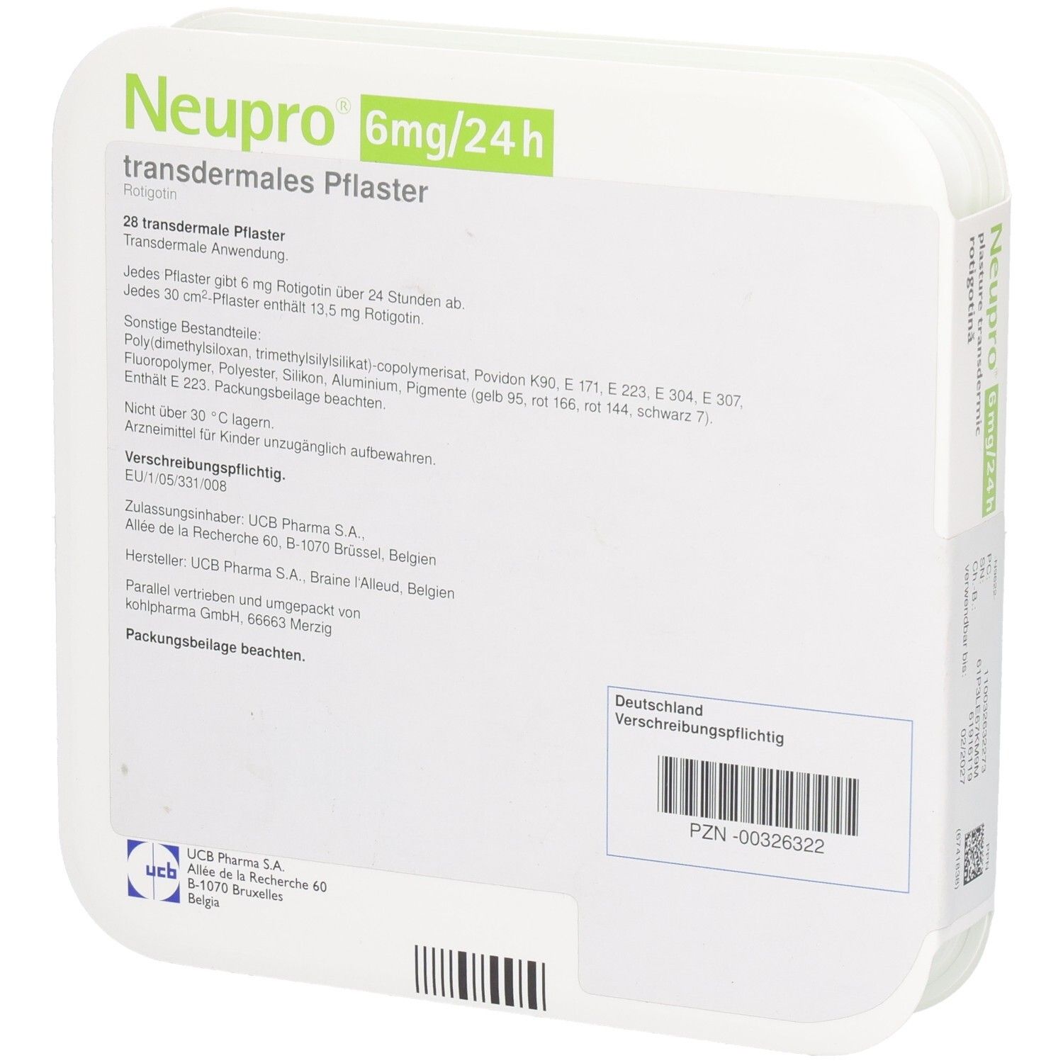 Rückseite der Verpackung. Textinformationen. Neupro 6mg/24h. UCB Pharma S.A. Deutschland-Siegel.