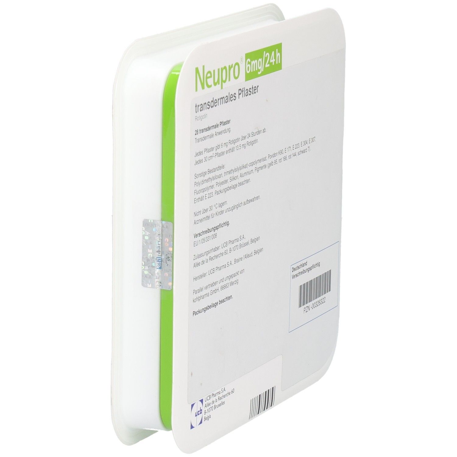 Verpackung, teilweise geöffnet. Rückseite sichtbar. Neupro 6mg/24h. UCB Pharma S.A. Deutschland-Siegel.