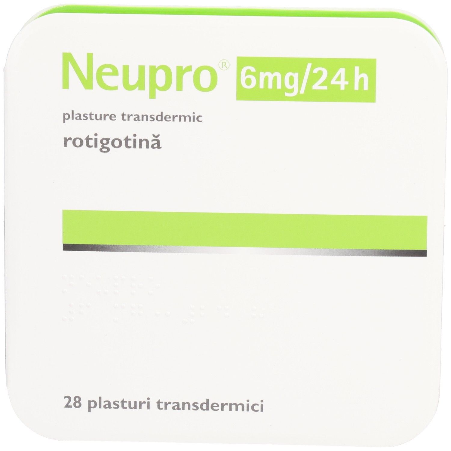 Quadratische Verpackung. Oben: Neupro 6mg/24h. Grün-weiße Farbgebung. 28 transdermale Pflaster.